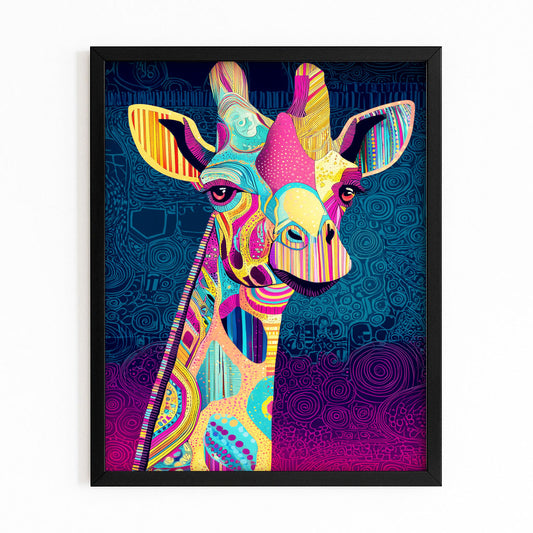 Colorful abstract deer artwork on a dark blue background