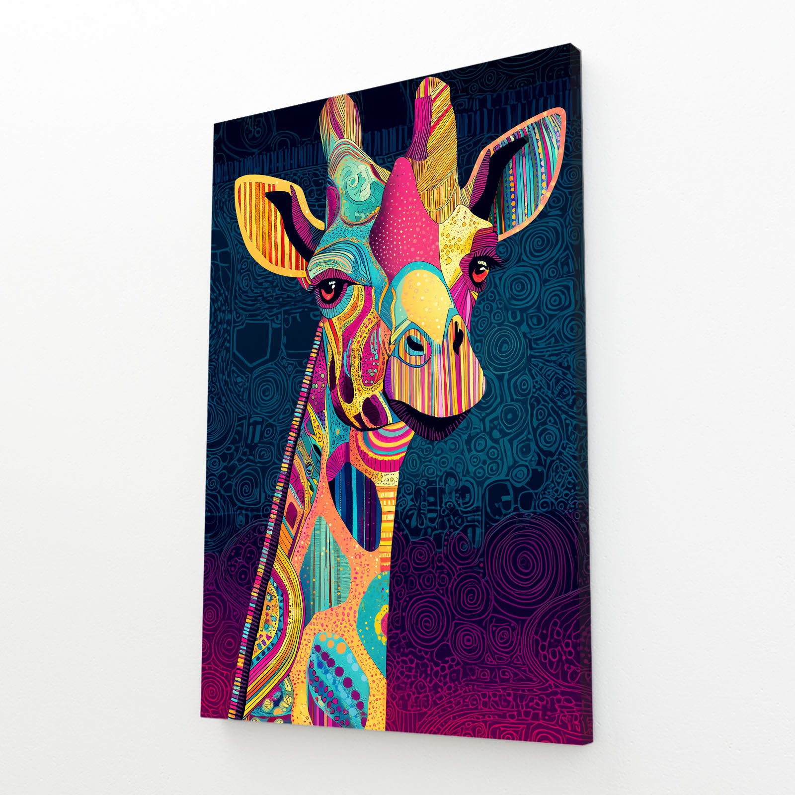 Colorful abstract giraffe painting on a dark background