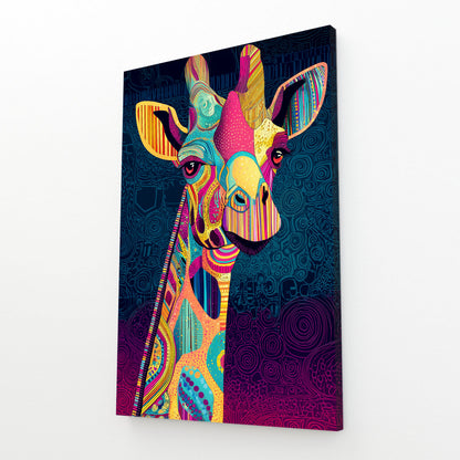 Colorful abstract giraffe painting on a dark background