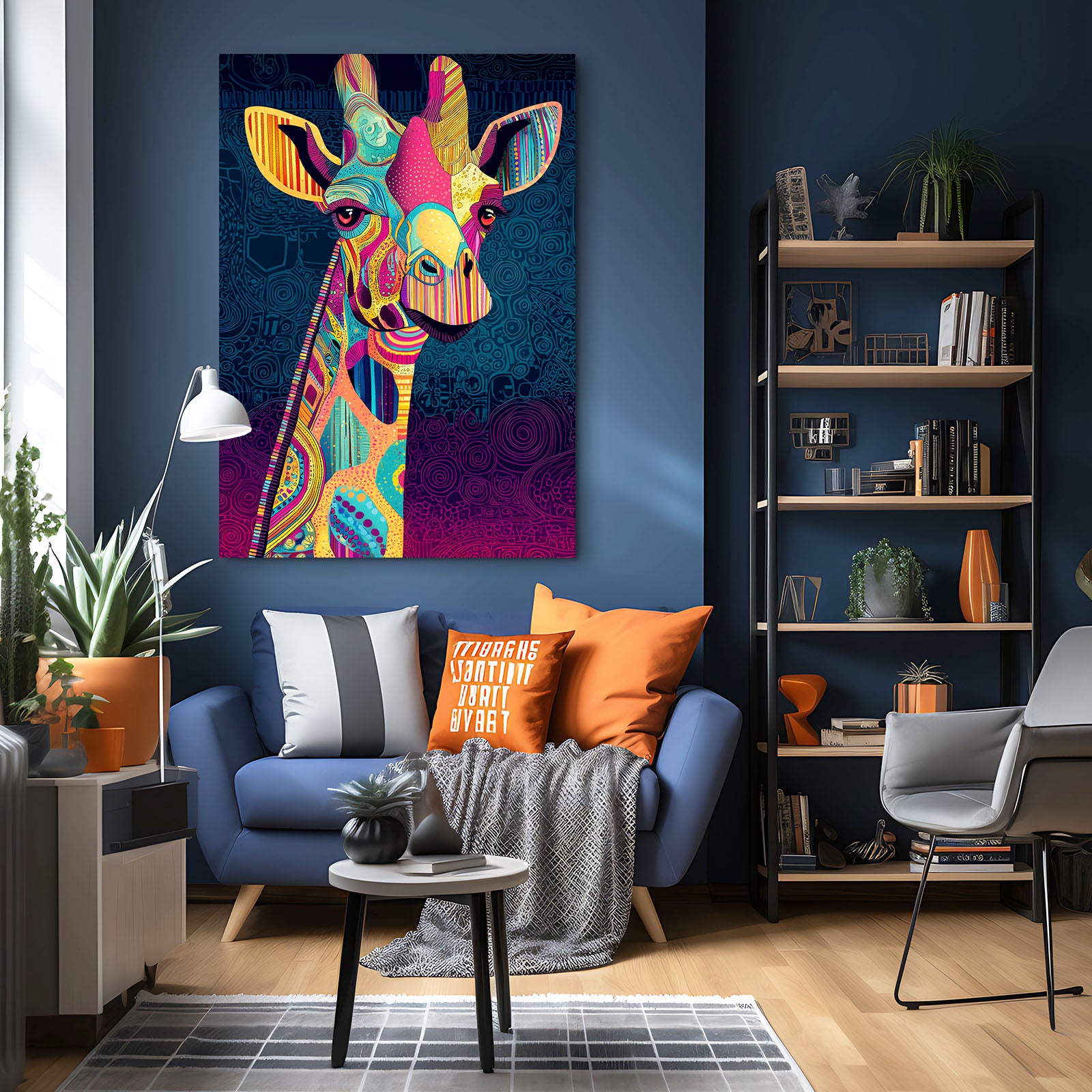 Colorful giraffe painting on a blue wall above a blue sofa with orange and gray pillows.