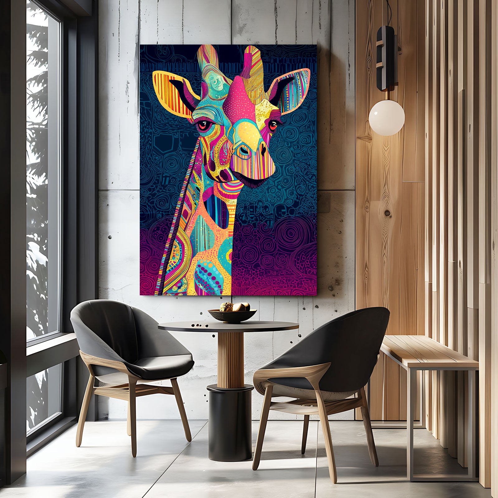 Colorful giraffe painting on a wall above a dining table with chairs.