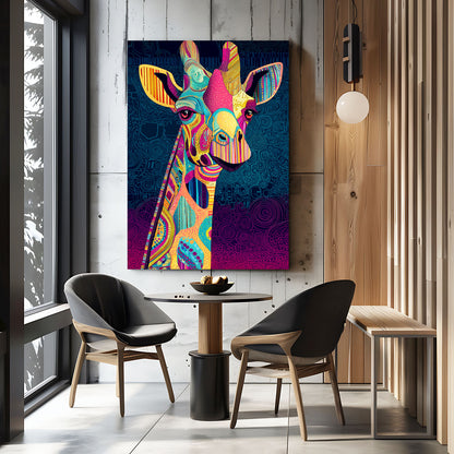 Colorful giraffe painting on a wall above a dining table with chairs.