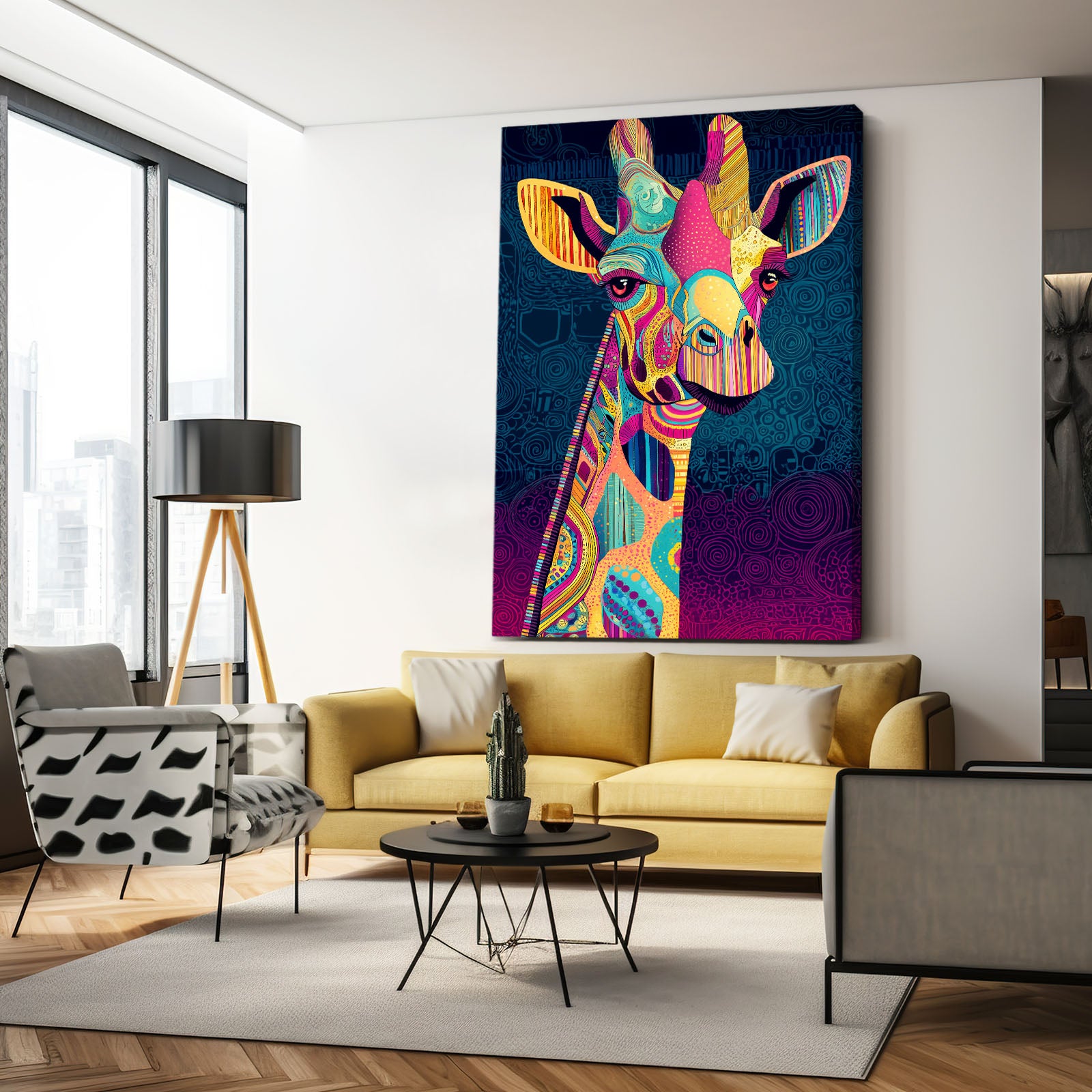 Colorful abstract giraffe painting in a modern living room