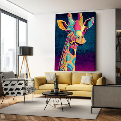 Colorful abstract giraffe painting in a modern living room