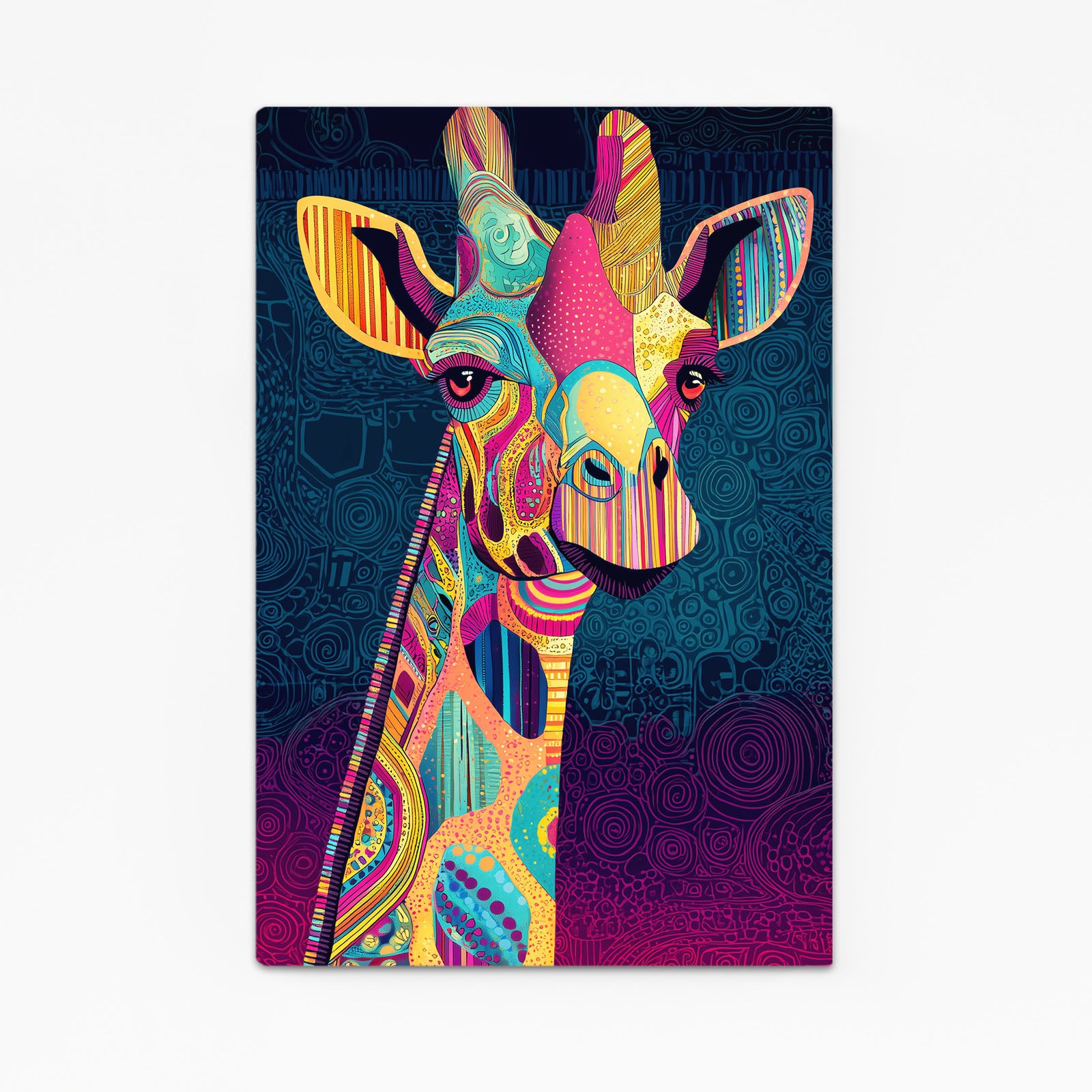 Colorful abstract giraffe design on a dark blue background