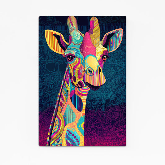 Colorful abstract giraffe design on a dark blue background