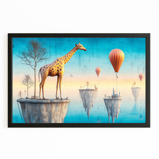 Framed artwork with a giraffe on a platform, hot air balloons, and floating islands against a blue sky.