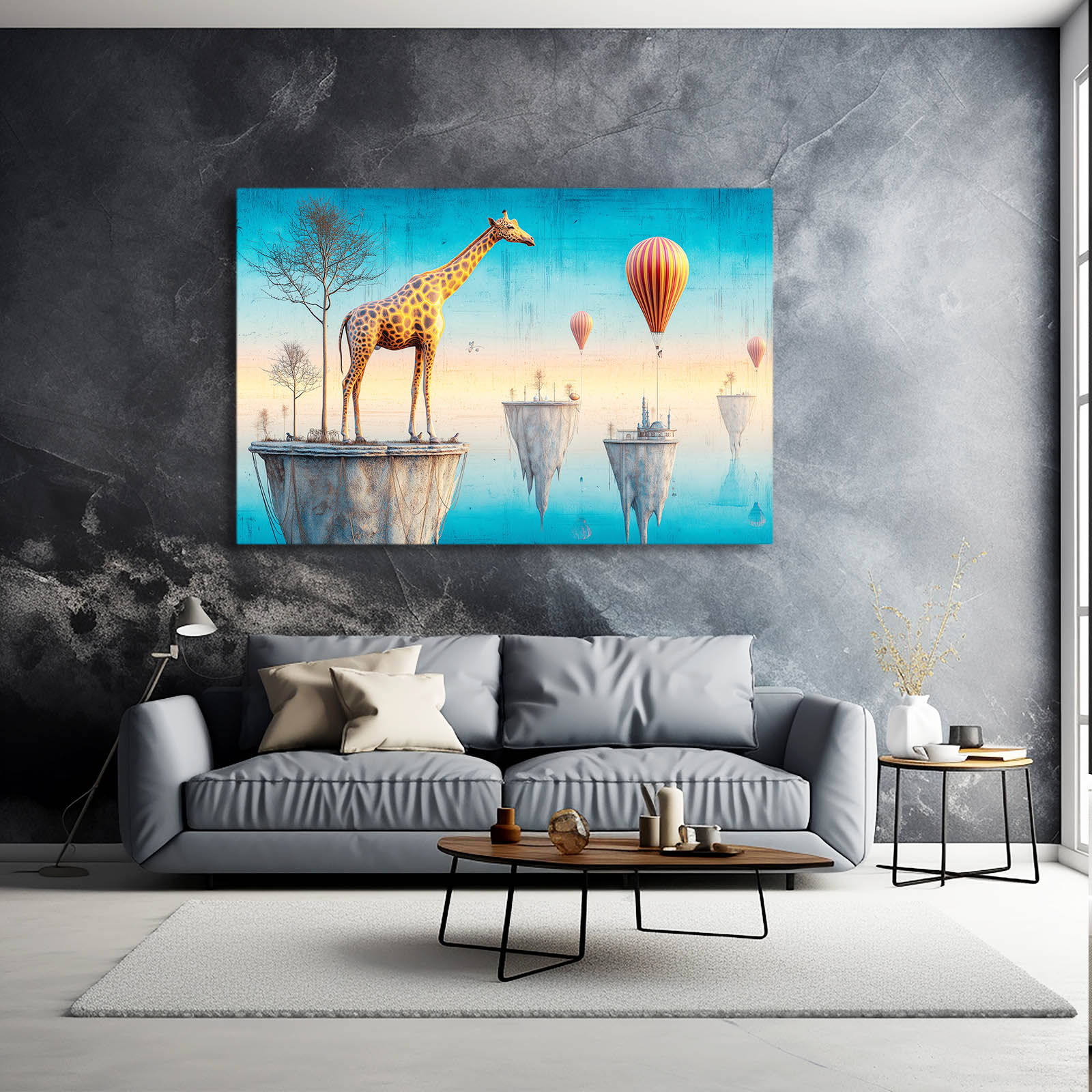 Living room with a large painting of a giraffe and hot air balloons on a gray wall.