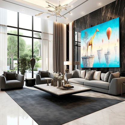 Modern living room with a large TV displaying an animal scene, gray sofa, and decorative items.