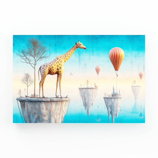 Giraffe standing on a platform with hot air balloons in the background