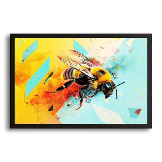 Futurist Vector Bee Art — digital canvas print in orange tones, with Premium Black frame on white background