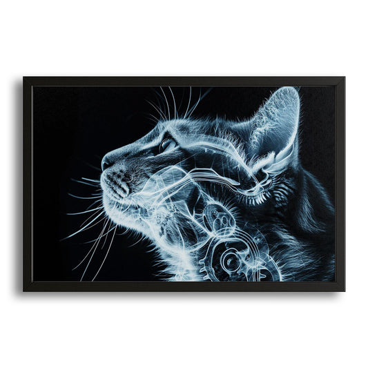 Futuristic X-Ray Cat Art — cyberpunk canvas print in blue tones, with Premium Black frame on white background