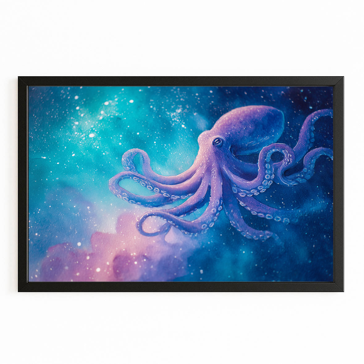 Galaxy Drift Octopus Canvas – with Premium Black frame on white background