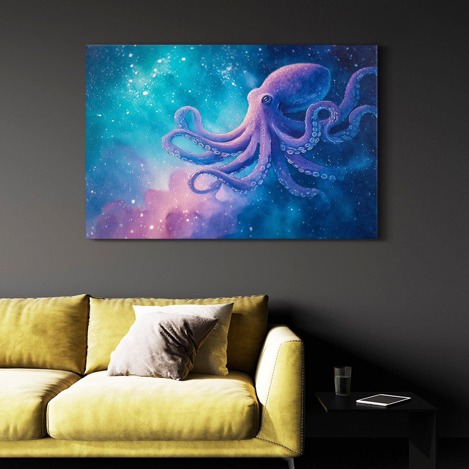 Galaxy Drift Octopus Canvas – styled in a furnished interior