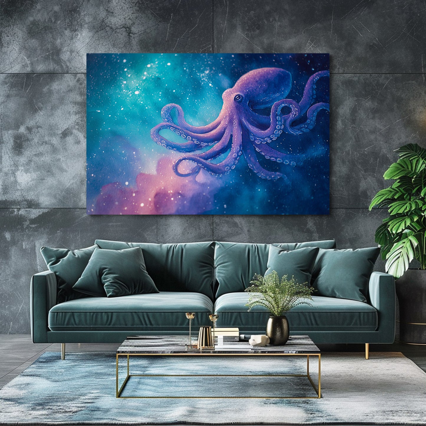 Galaxy Drift Octopus Canvas – styled in a furnished interior