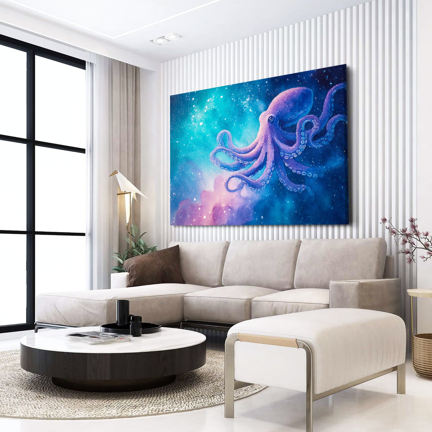 Galaxy Drift Octopus Canvas – styled in a furnished interior
