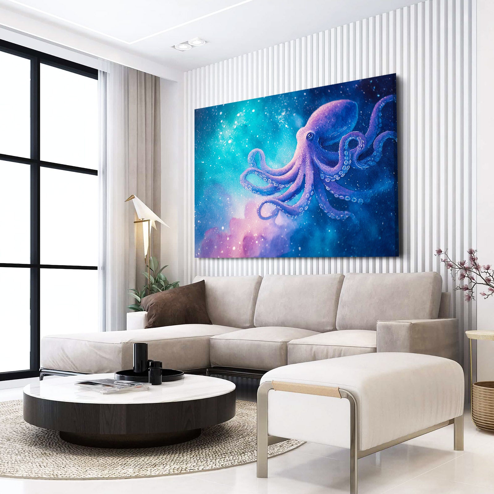 Galaxy Drift Octopus Canvas – styled in a furnished interior