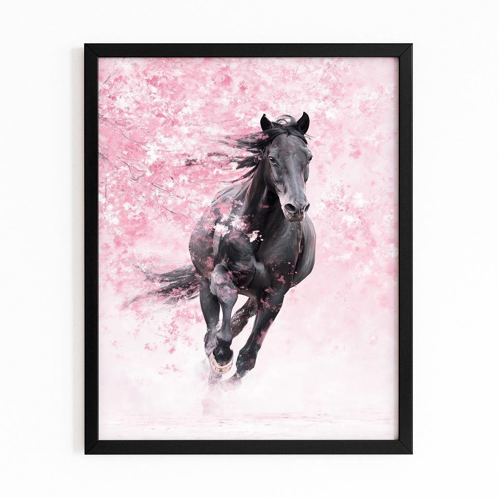 Galloping Horse Cherry Blossom Canvas – with Premium Black frame on white background