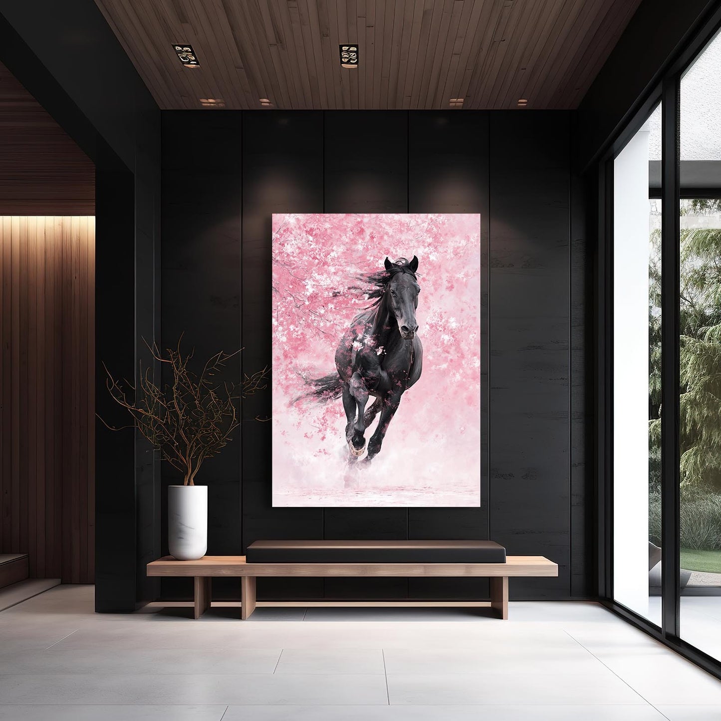 Galloping Horse Cherry Blossom Canvas – styled in a furnished interior