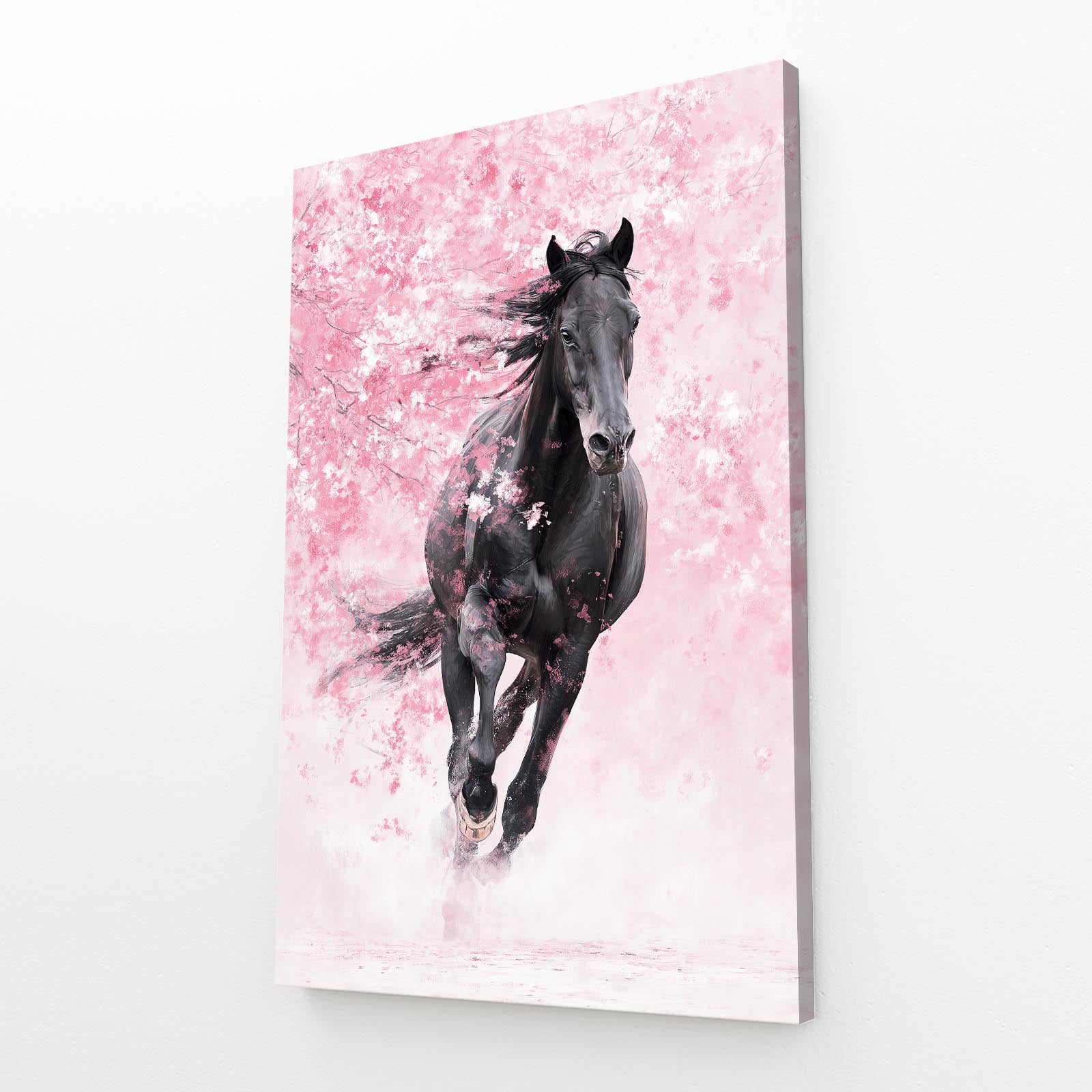 Galloping Horse Cherry Blossom Canvas – angled canvas view on white background