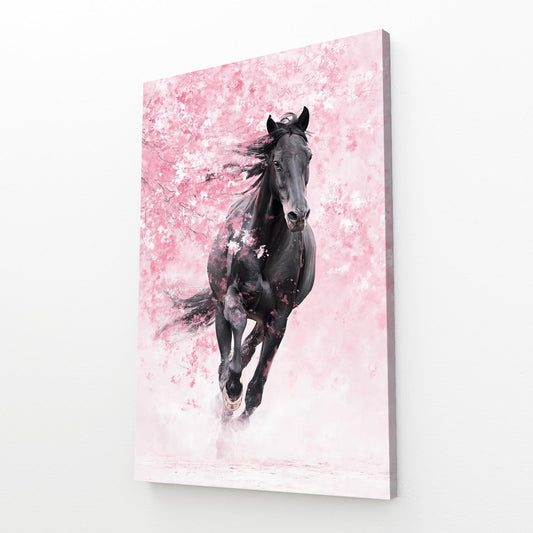 Galloping Horse Cherry Blossom Canvas – angled canvas view on white background