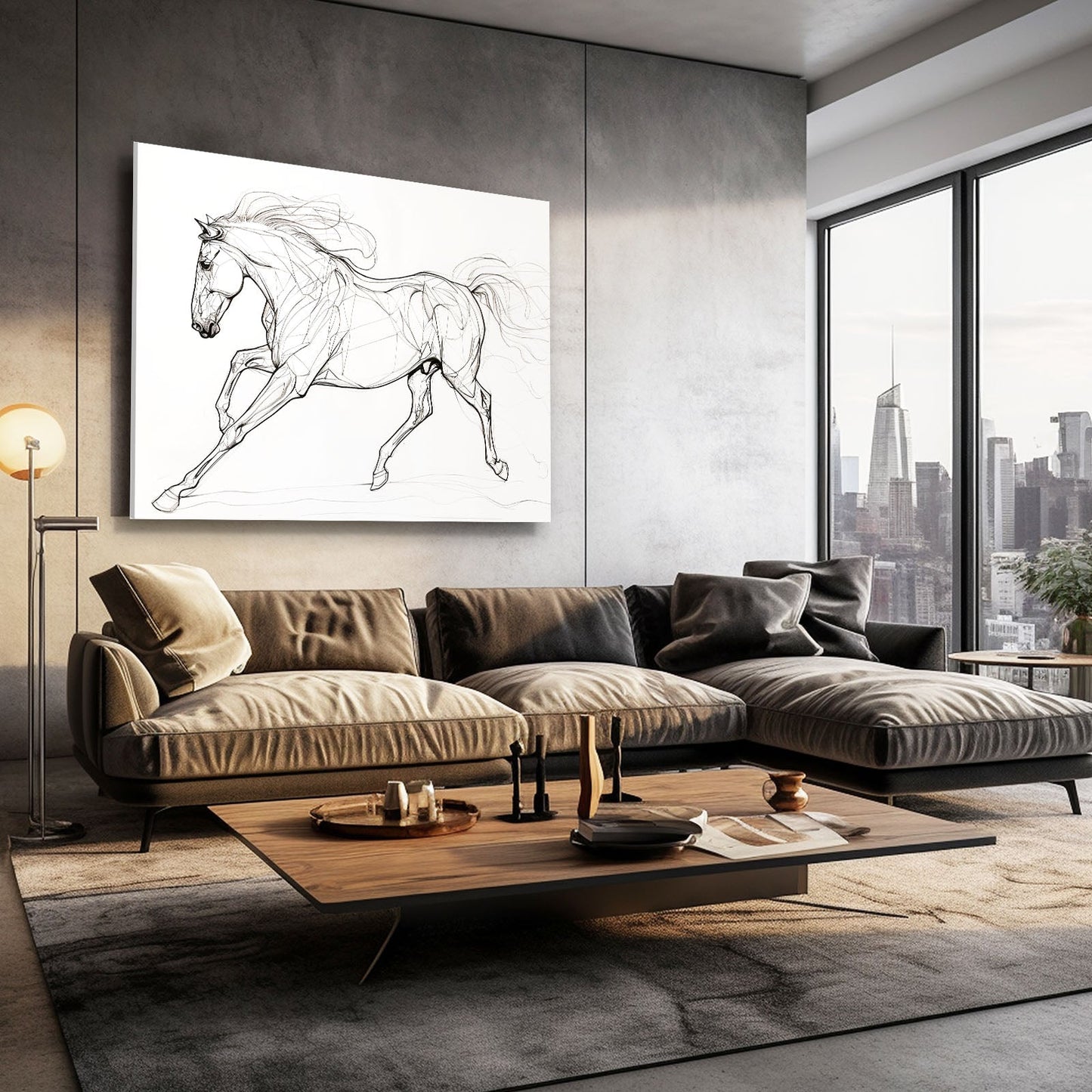 Galloping Line Art Horse Prints – angled canvas view on white background