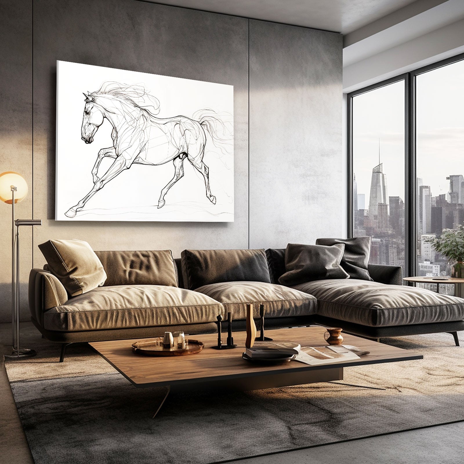 Galloping Line Art Horse Prints – angled canvas view on white background