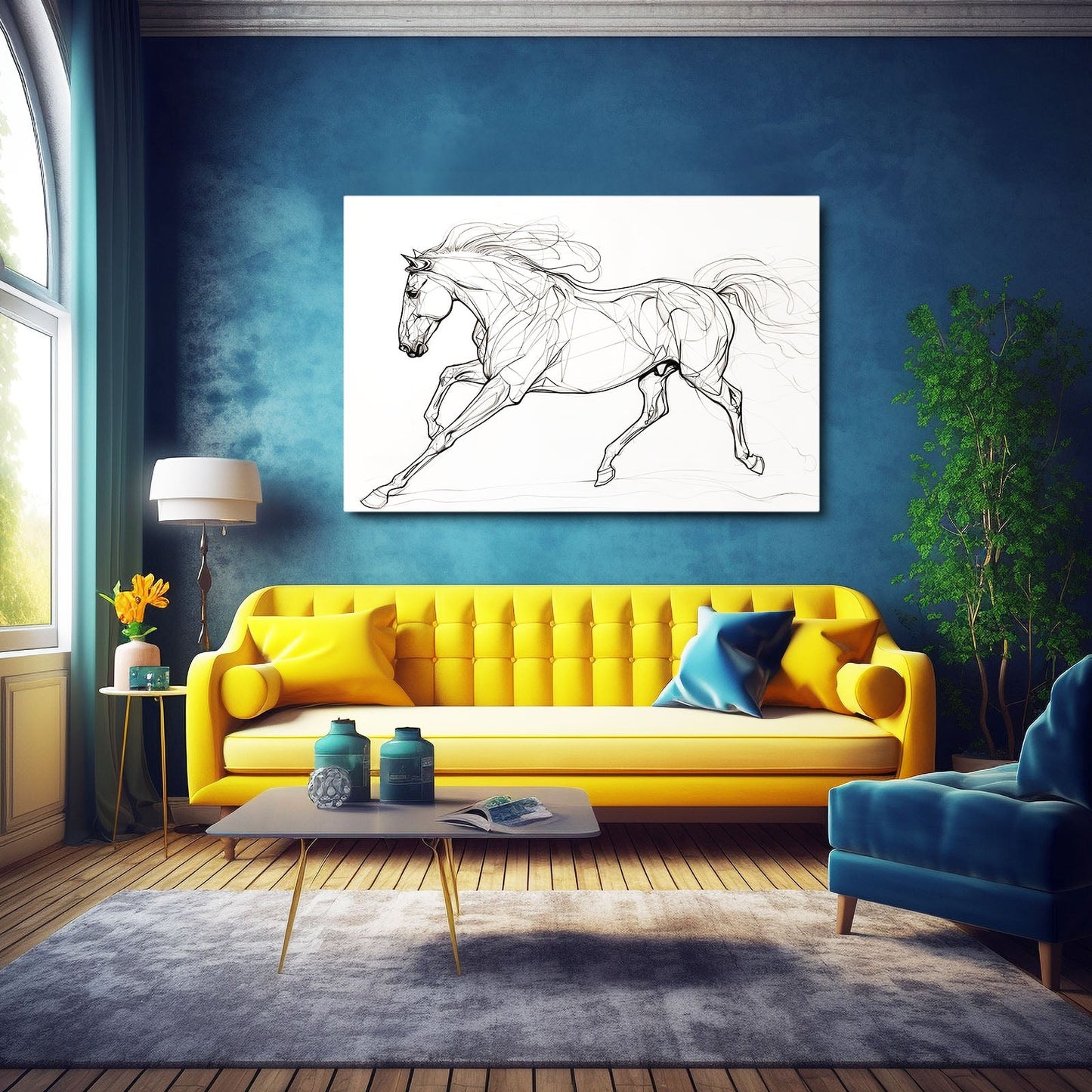 Galloping Line Art Horse Prints – angled canvas view on white background
