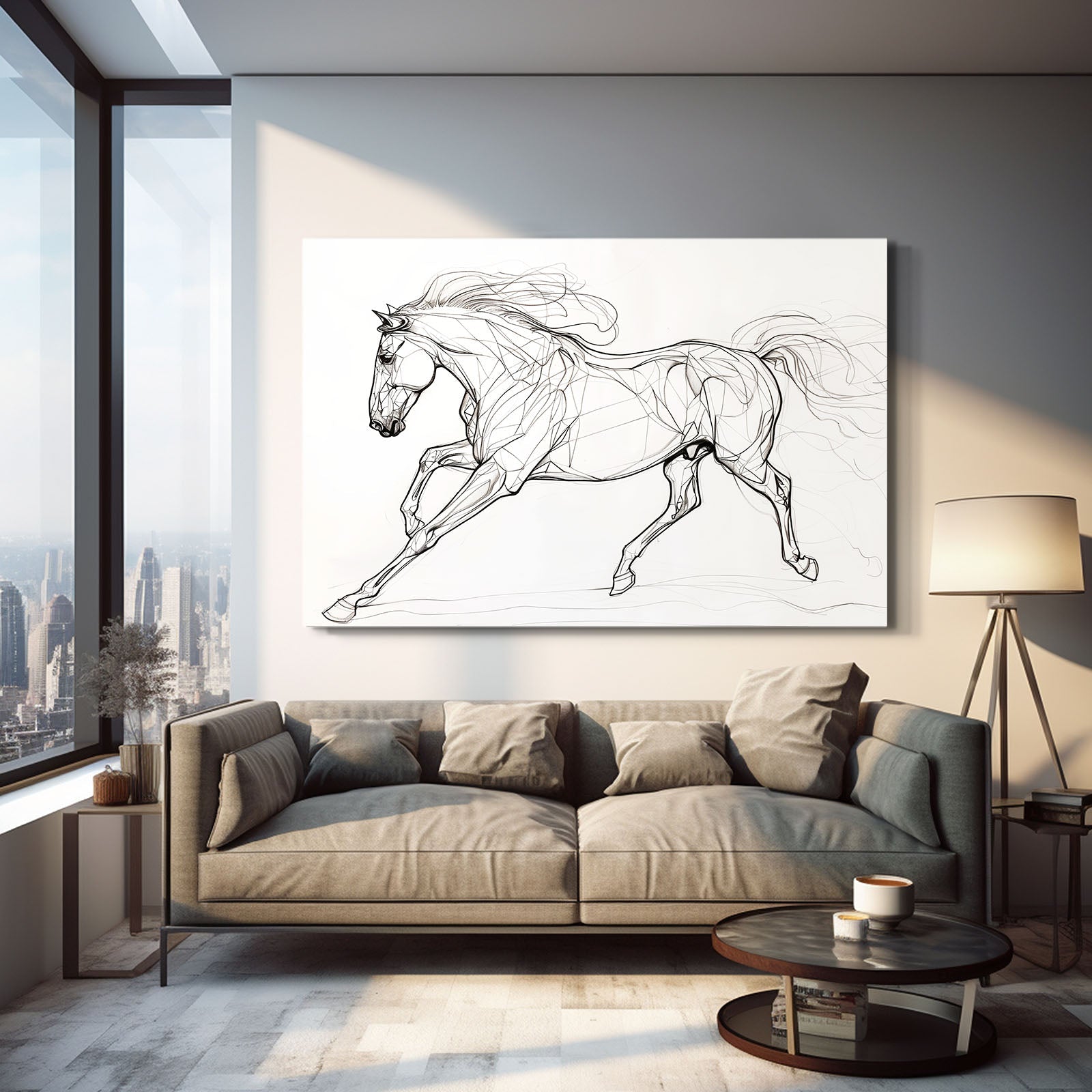 Galloping Line Art Horse Prints – angled canvas view on white background