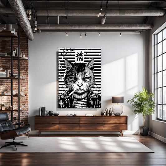 Gangster Attitude Cat Wall Art — anime canvas print in white tones, view 3