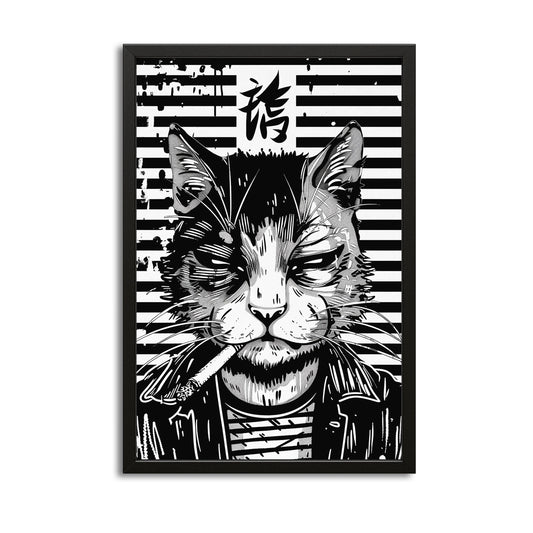 Gangster Attitude Cat Wall Art — anime canvas print in white tones, with Premium Black frame on white background