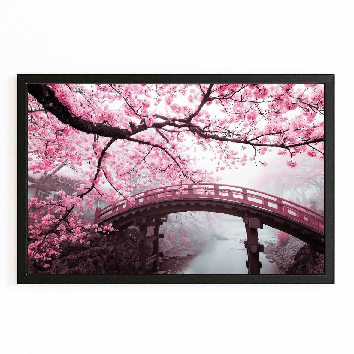 Garden Bridge Cherry Blossom Prints – with Premium Black frame on white background