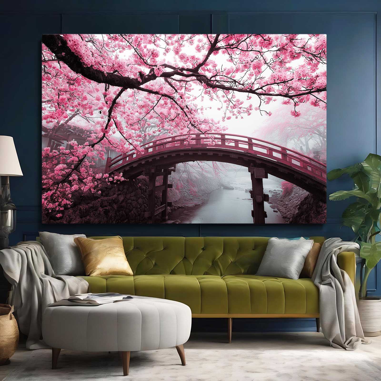 Garden Bridge Cherry Blossom Prints – styled in a furnished interior