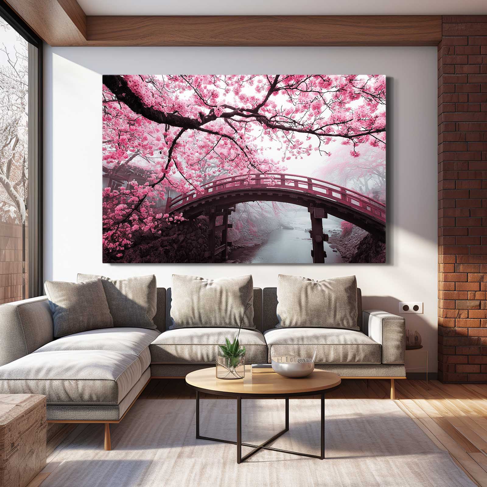 Garden Bridge Cherry Blossom Prints – styled in a furnished interior