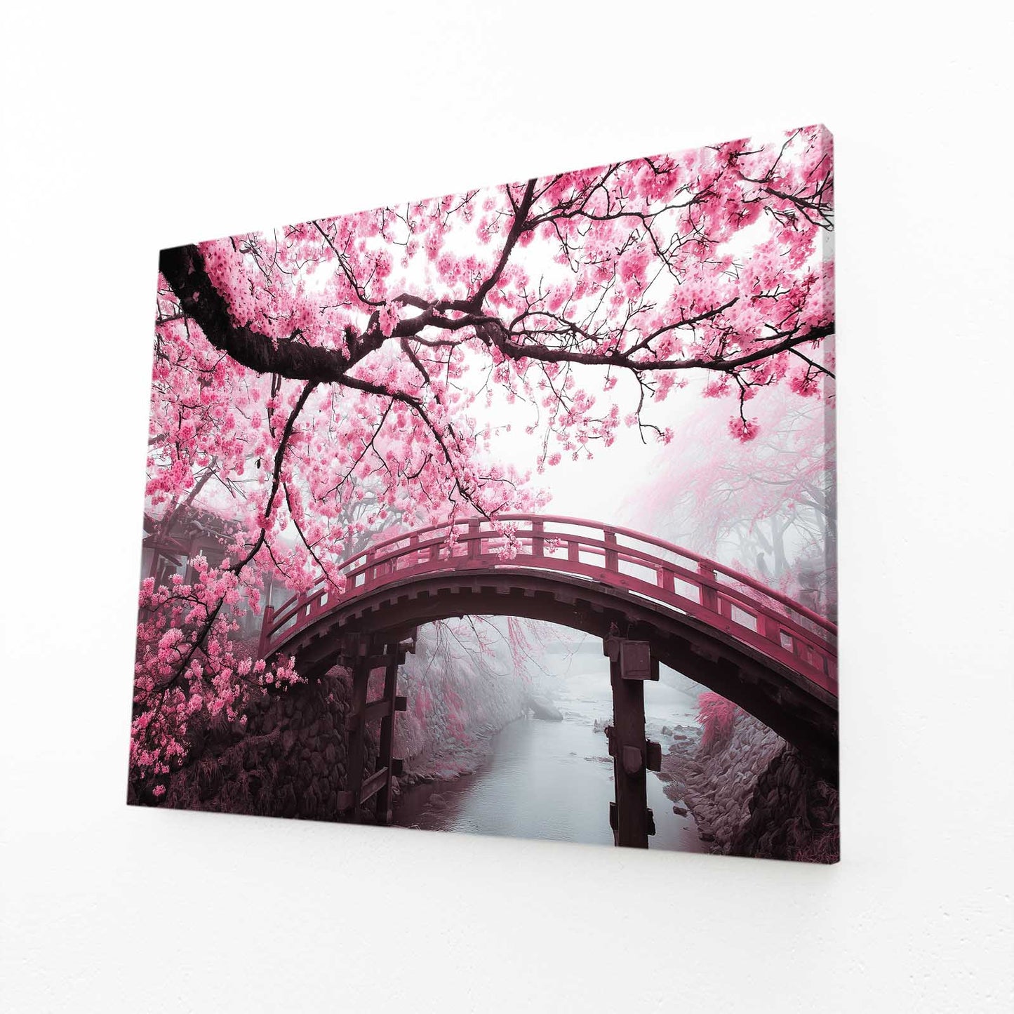Garden Bridge Cherry Blossom Prints – angled canvas view on white background