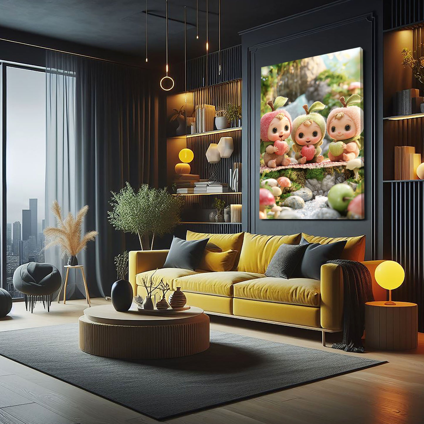 Garden Sprites Apple Canvas Art – styled in a furnished interior