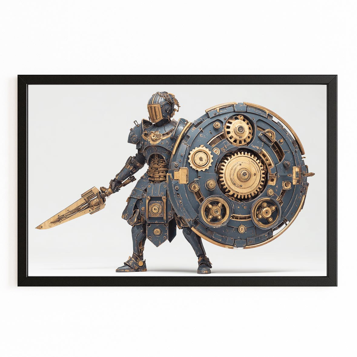 Gear Shield Gladiator Steampunk Canvas – with Premium Black frame on white background
