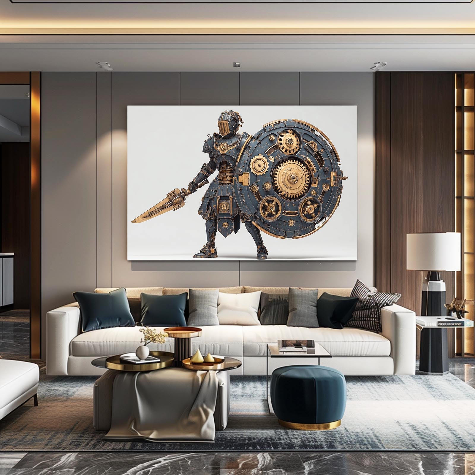 Gear Shield Gladiator Steampunk Canvas – styled in a furnished interior