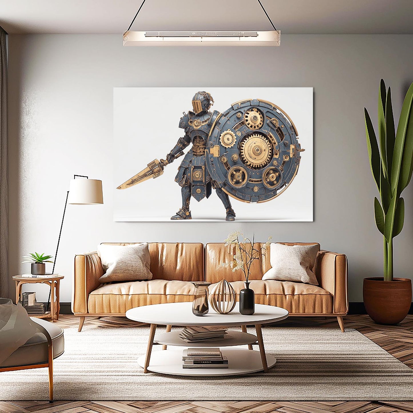 Gear Shield Gladiator Steampunk Canvas – styled in a furnished interior
