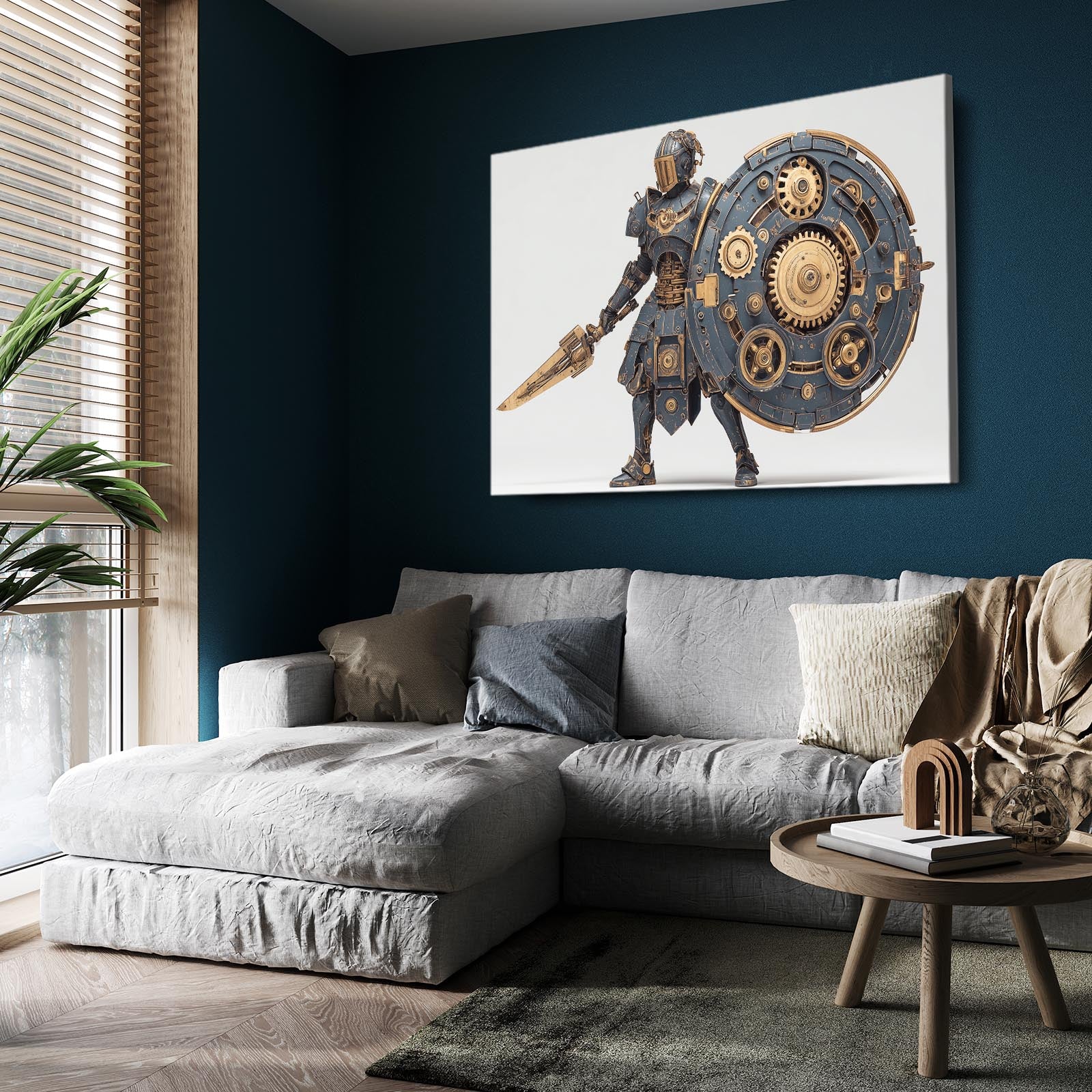 Gear Shield Gladiator Steampunk Canvas – styled in a furnished interior