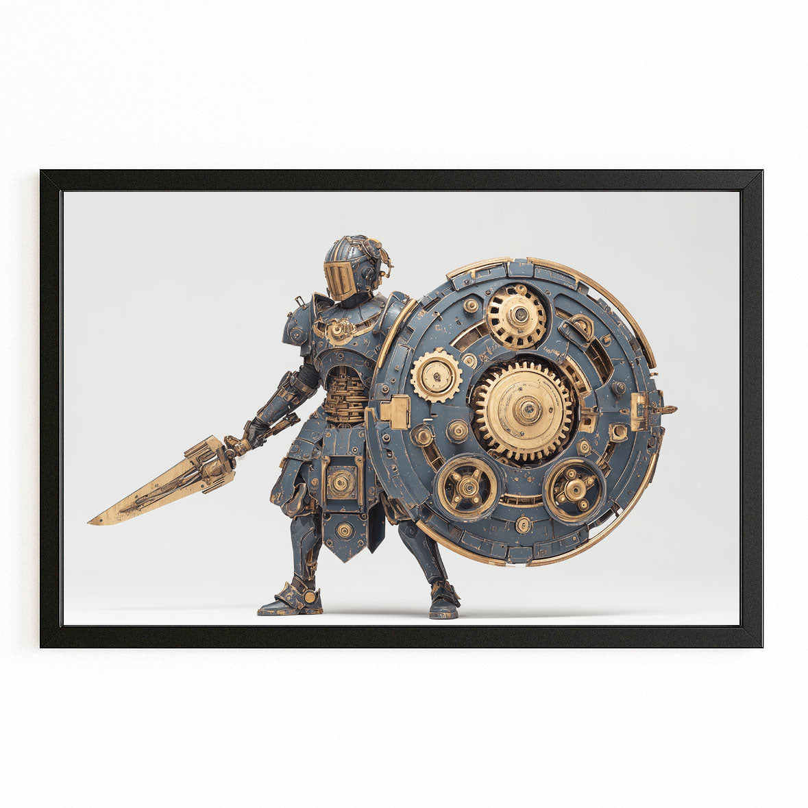 Gear Shield Knight Steampunk Art – with Premium Black frame on white background