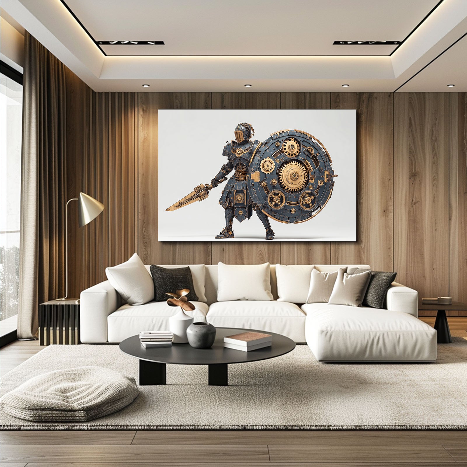 Gear Shield Knight Steampunk Art – styled in a furnished interior