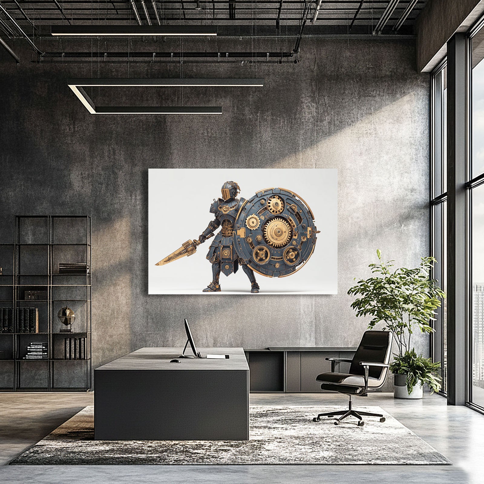 Gear Shield Knight Steampunk Art – styled in a furnished interior