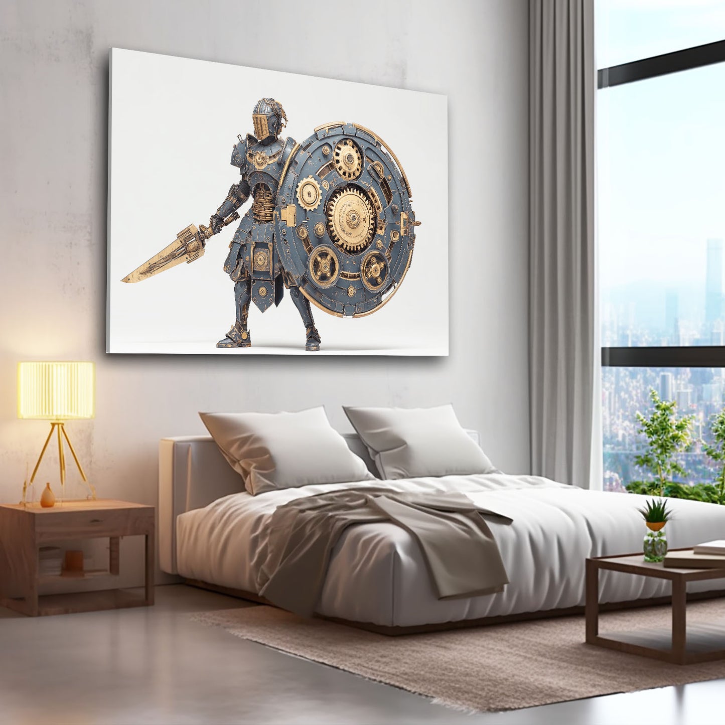 Gear Shield Knight Steampunk Art – styled in a furnished interior