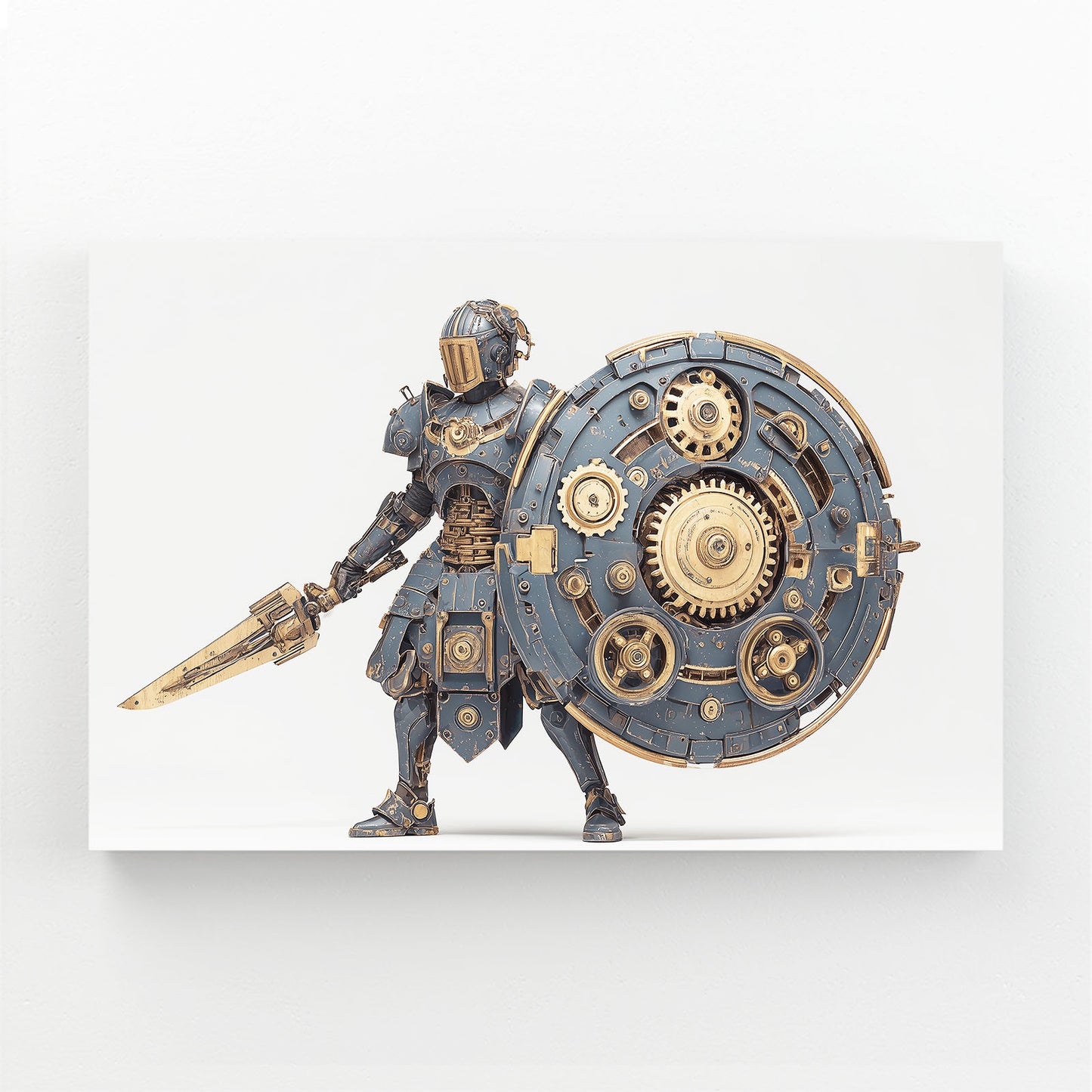 Gear Shield Knight Steampunk Art – angled canvas view on white background