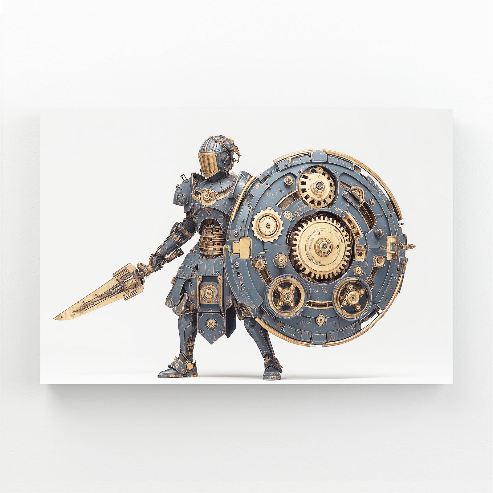 Gear Shield Knight Steampunk Art – angled canvas view on white background