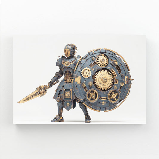 Gear Shield Knight Steampunk Art – angled canvas view on white background
