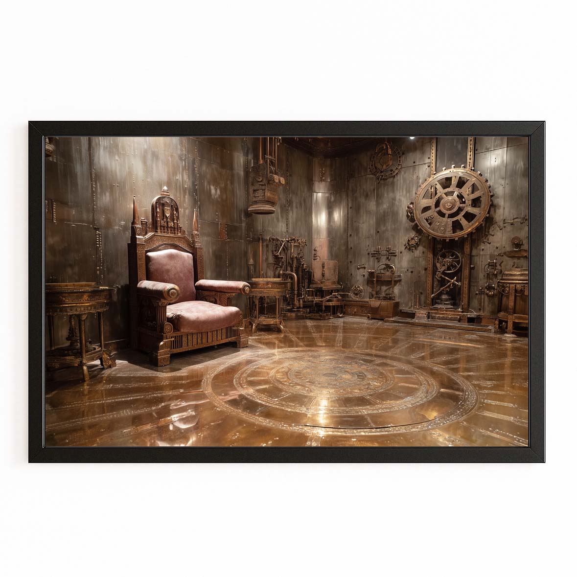 Gear Throne Chamber Steampunk Canvas Art – with Premium Black frame on white background
