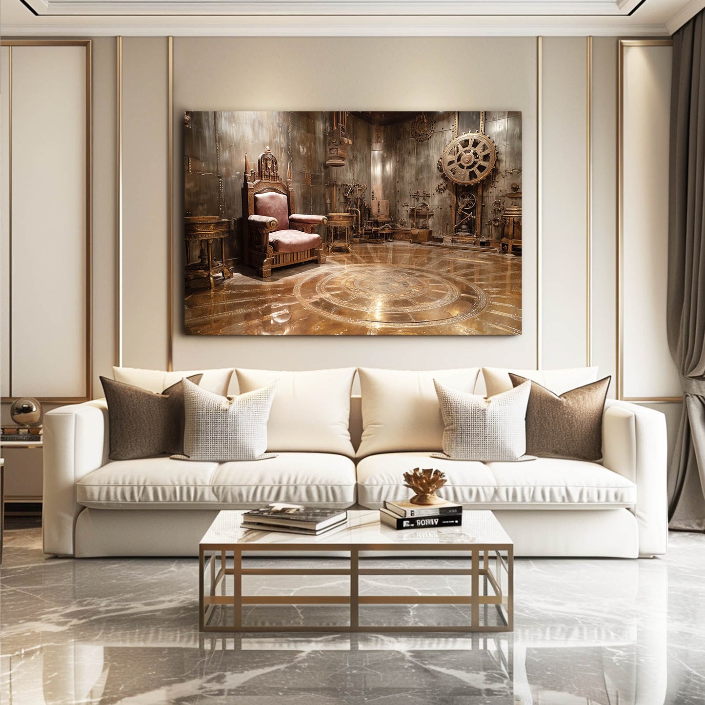 Gear Throne Chamber Steampunk Canvas Art – styled in a furnished interior