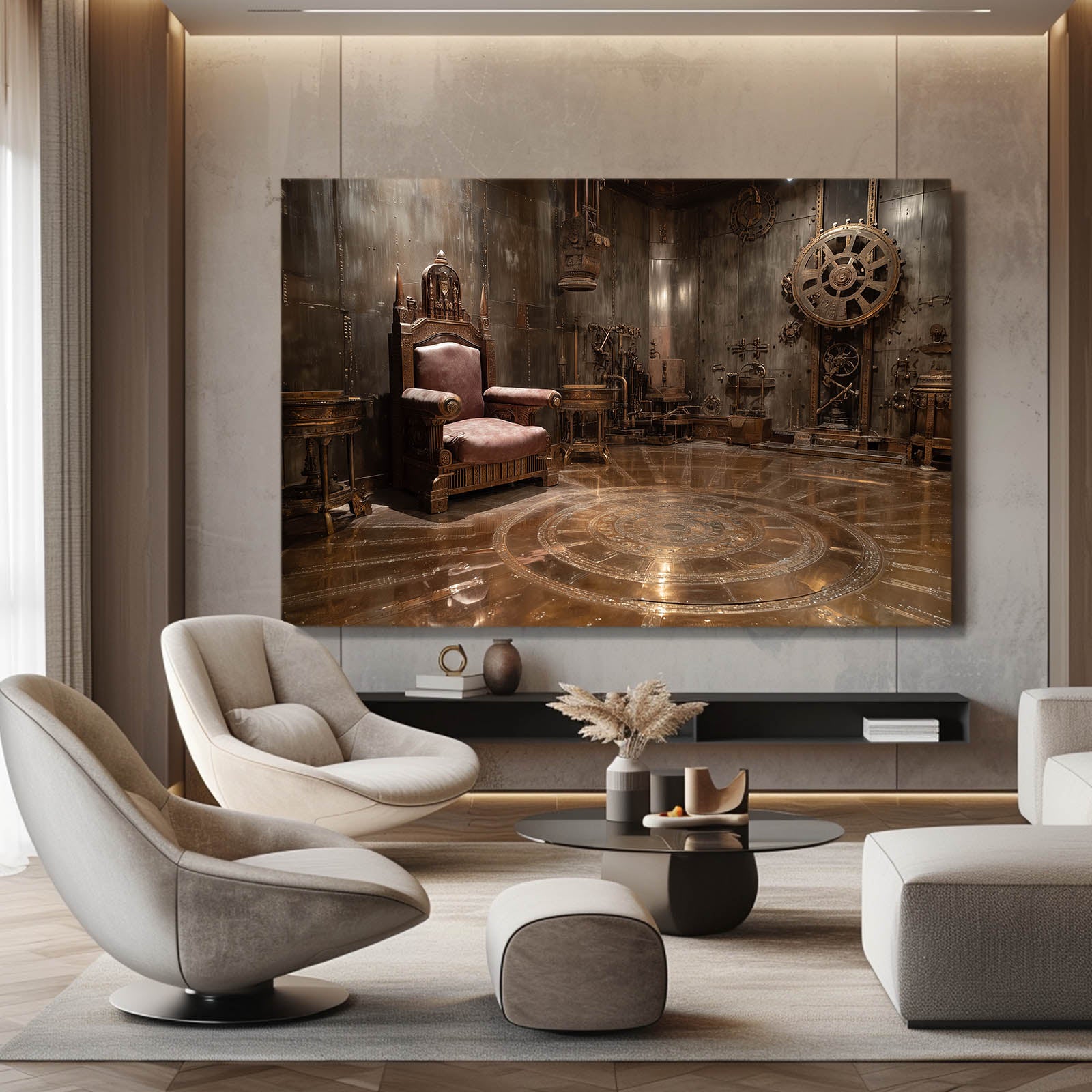 Gear Throne Chamber Steampunk Canvas Art – styled in a furnished interior
